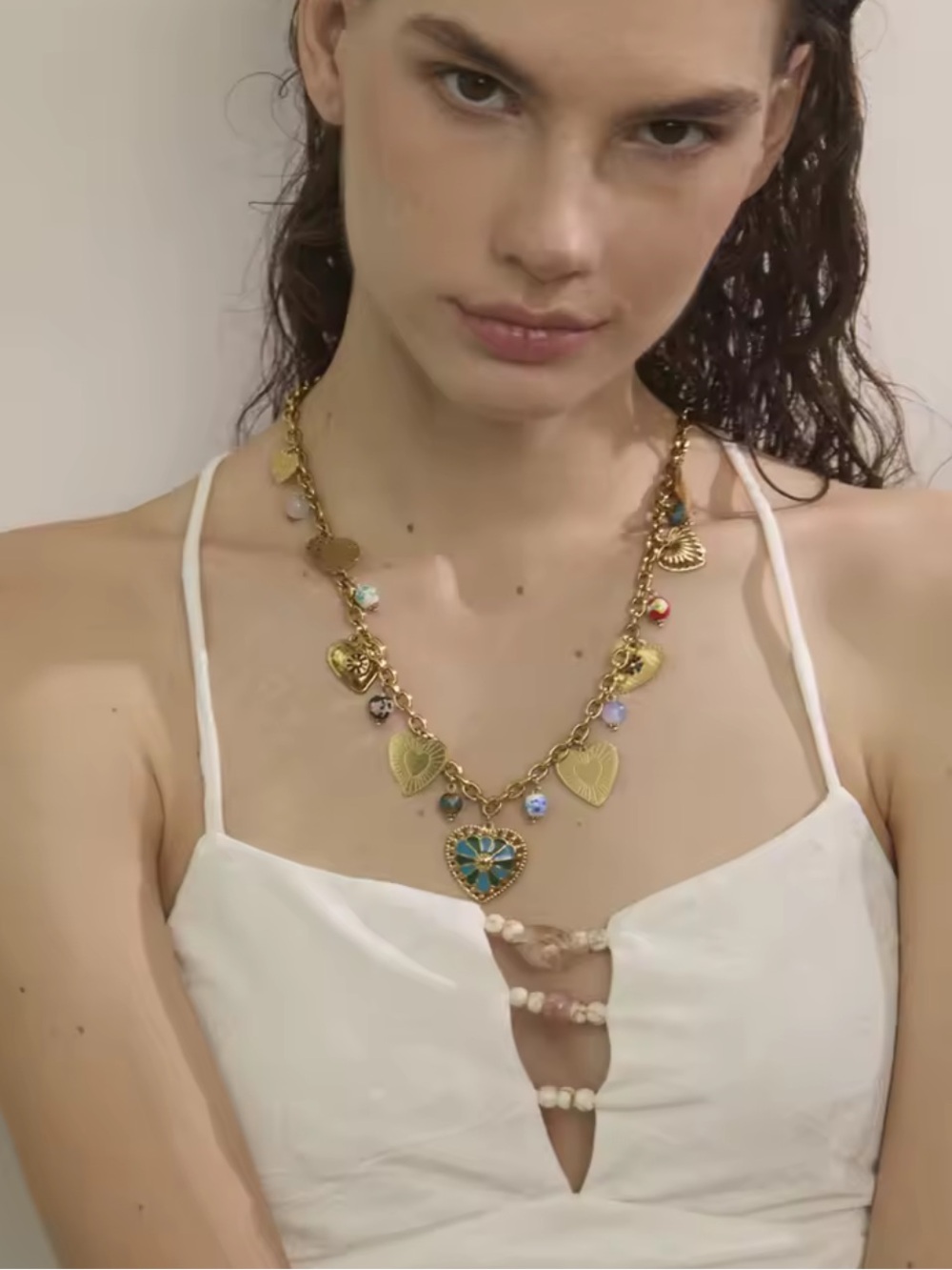 Mosaic Gold Heart Charm Necklace with Turquoise and Multicolor Beads - Picture 8 of 10